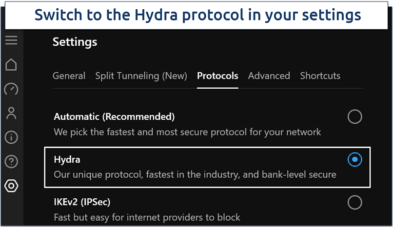 A screenshot showing how to activate Hydra on Hotspot Shield app