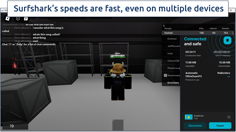 A screenshot of playing Roblox using Surfsharks Kazakhstan servers