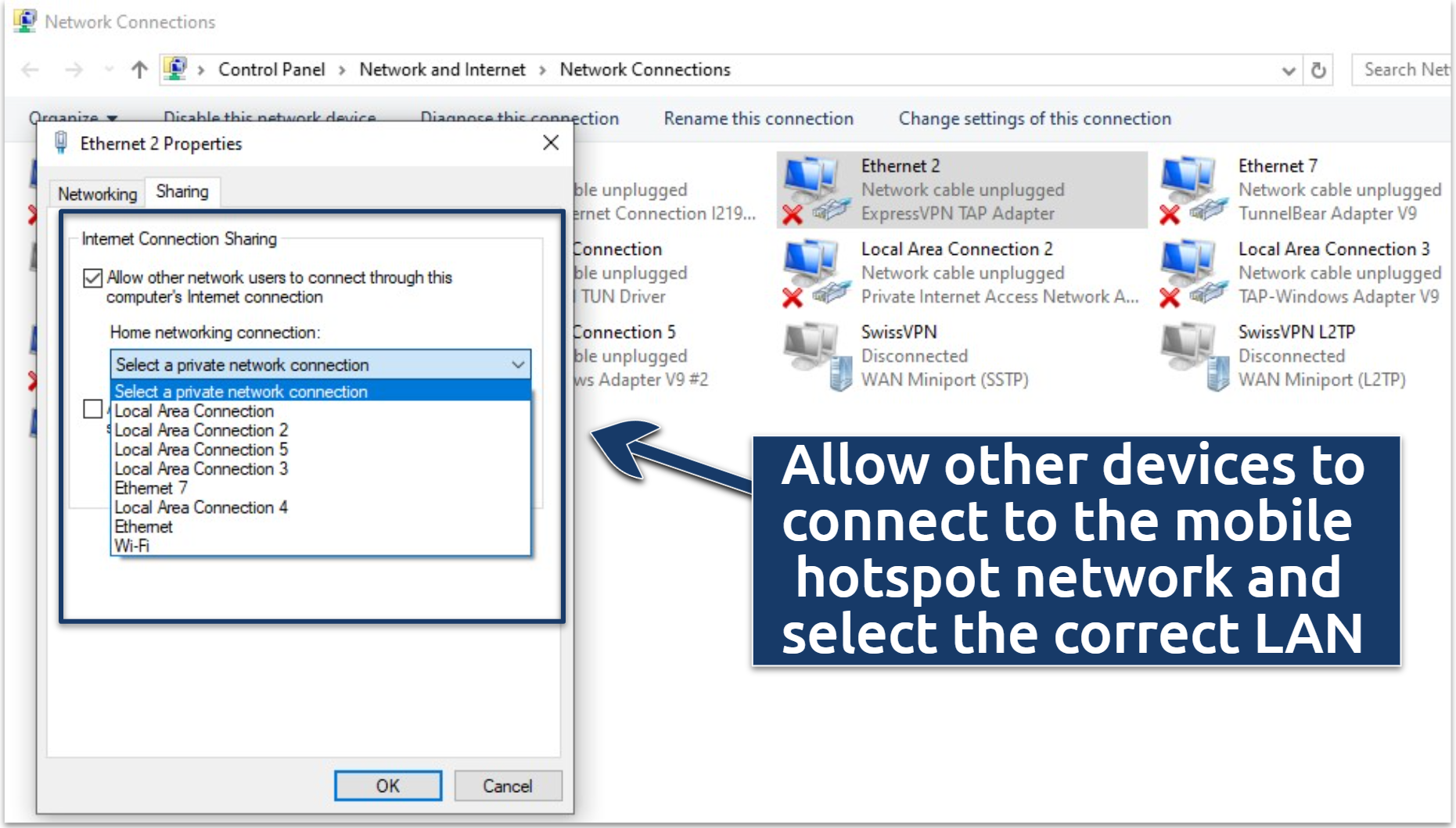 A screenshot of internet connection and LAN sharing options on Windows
