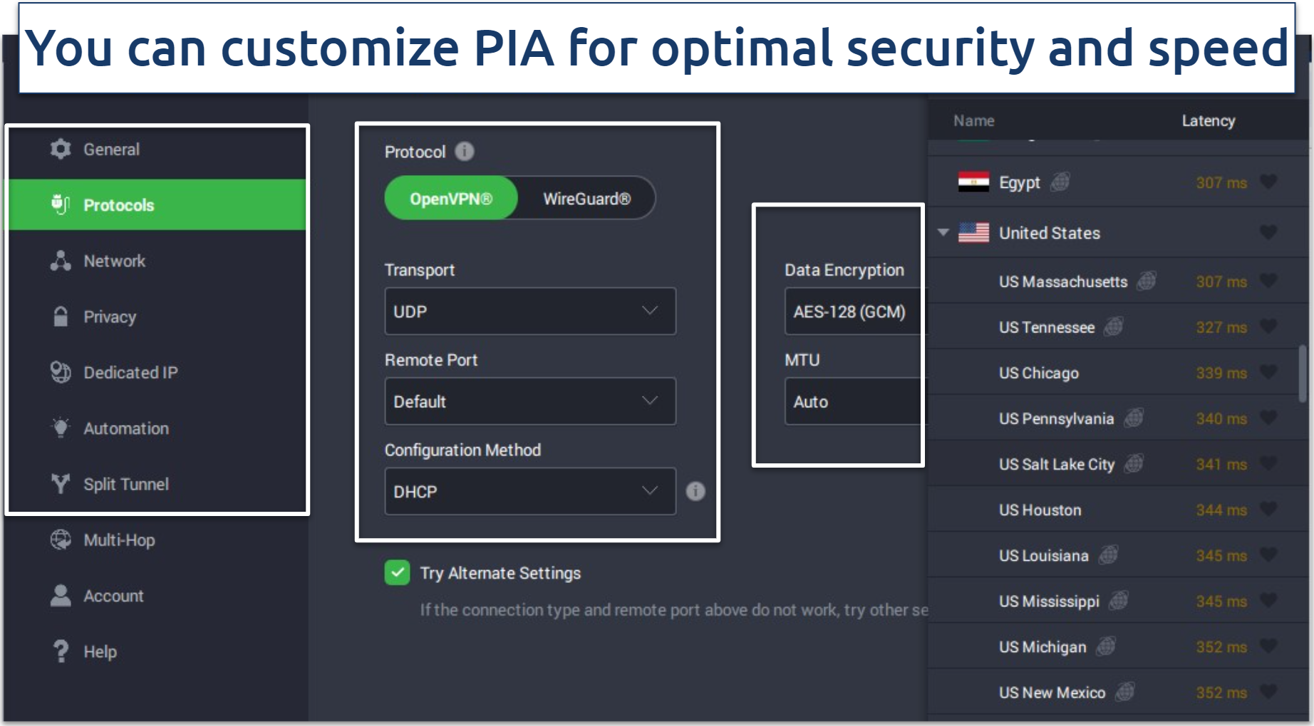 A screenshot of the security settings on the PIA Windows app
