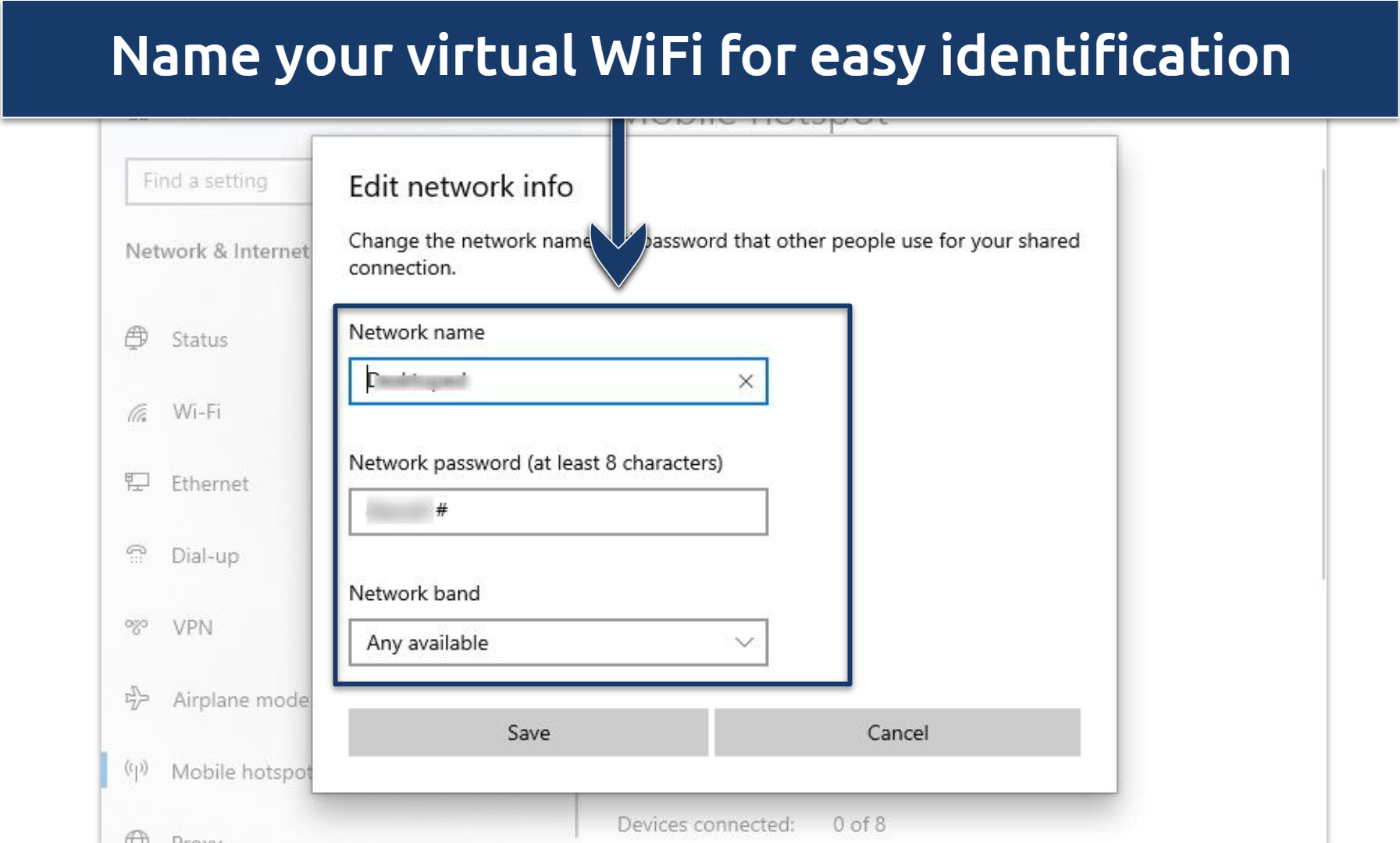 A screenshot of hotspot and password editing prompt on Windows 10