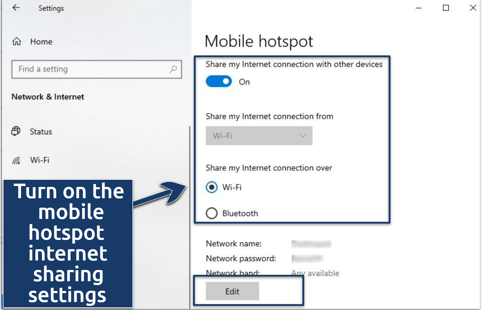 A screenshot showing the mobile hotspot settings on Windows 10