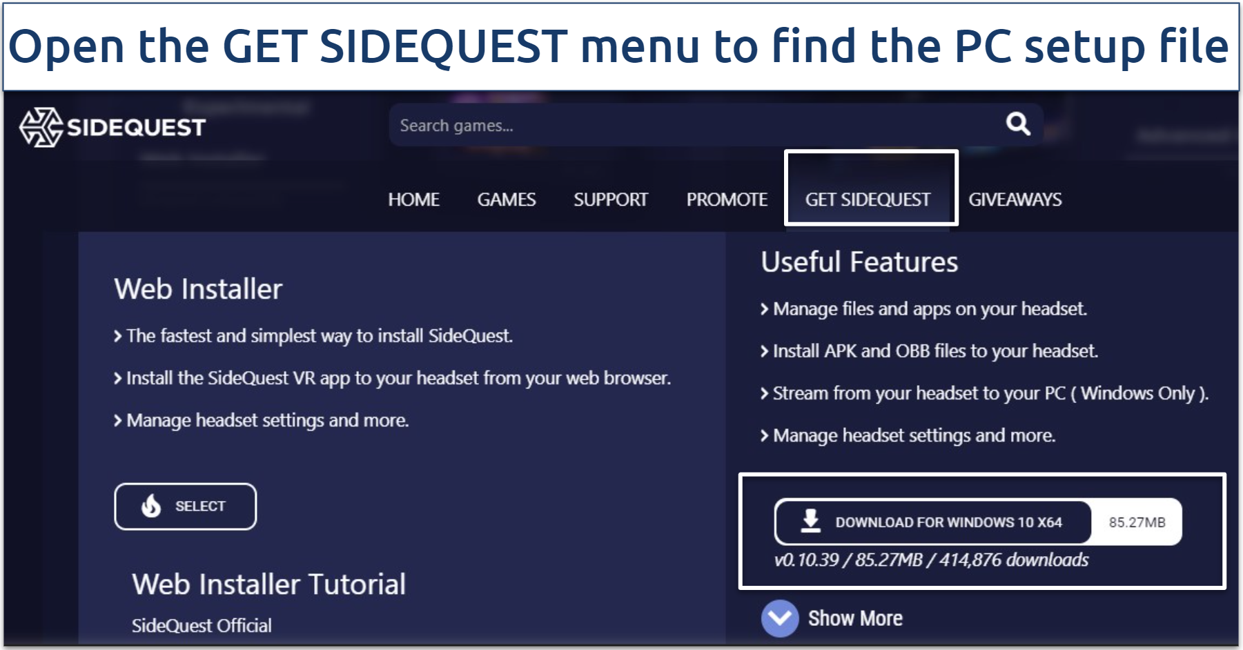 A screenshot of the SideQuest setup download page