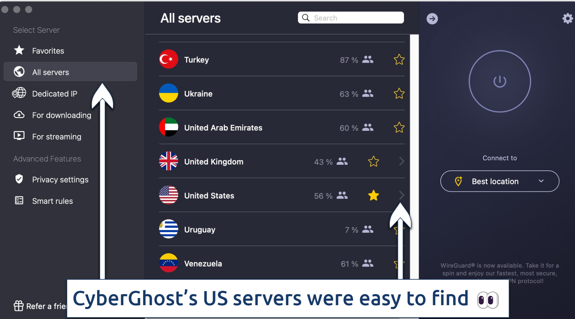 Screenshot of the CyberGhost server list