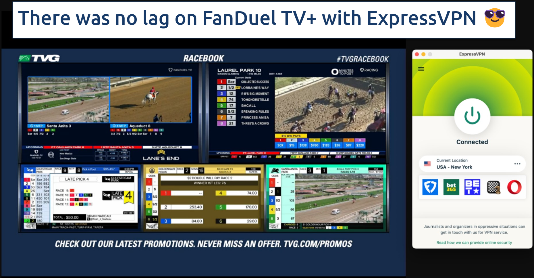 Screenshot of the ExpressVPN app over a FanDuel TV+ streaming on a browser