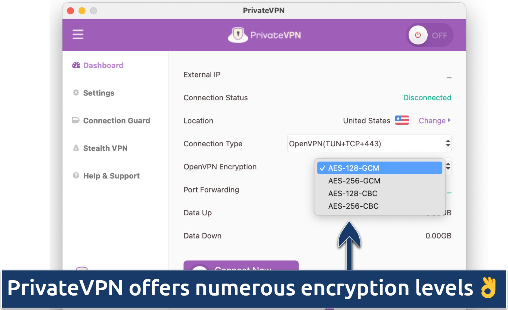 Screenshot of the Dashboard panel of PrivateVPN's Advanced view