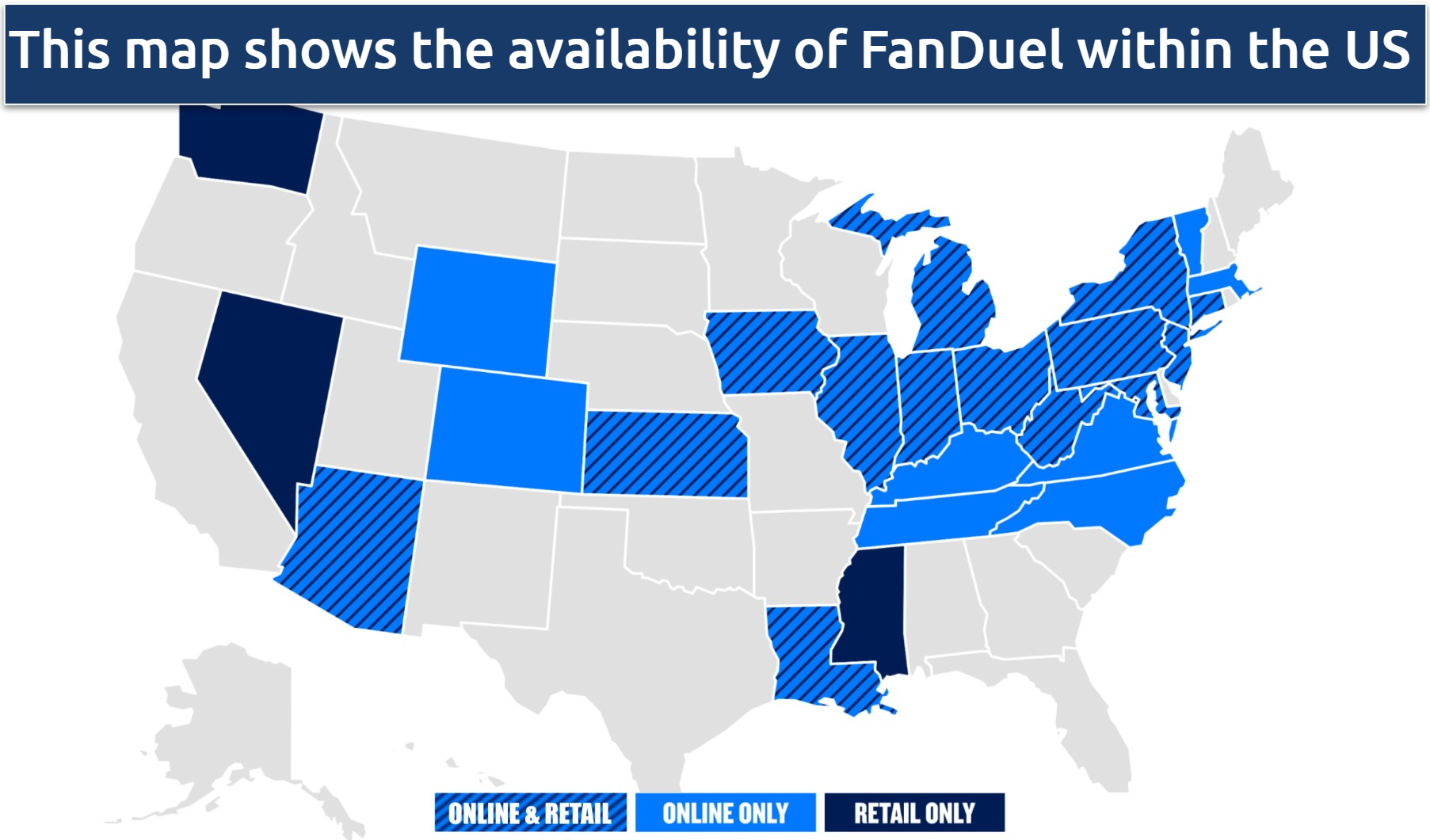 Map showing the state-by-state availability of FanDuel in the US