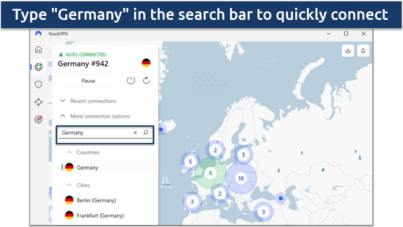 Screenshots of NordVPN’s servers in Germany