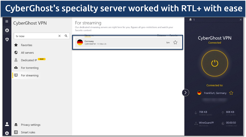A screenshot of CyberGhost’s app showing the optimized server for TV NOW