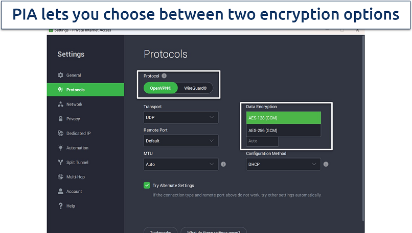 Screenshot of PIA’s Windows app showing customizable security features