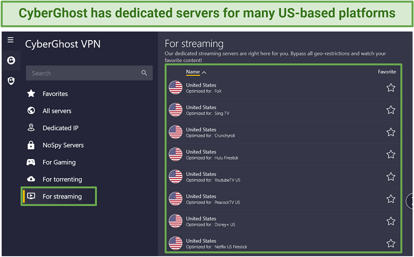 Screenshot of CyberGhost's streaming-optimized servers