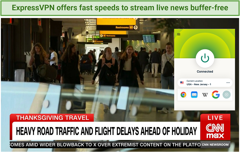 A screenshot of ExpressVPN working with CNN Max