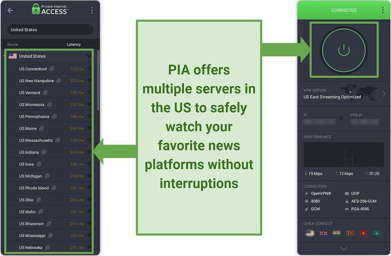 Screenshot of PIA's server network