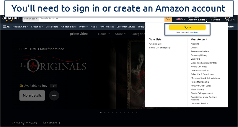 Screenshot of the Amazon sign in page