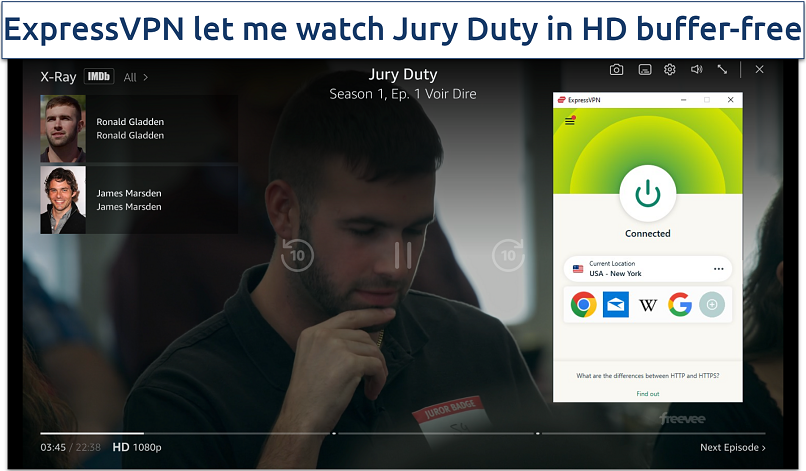 Screenshot of streaming Freevee with ExpressVPN connected