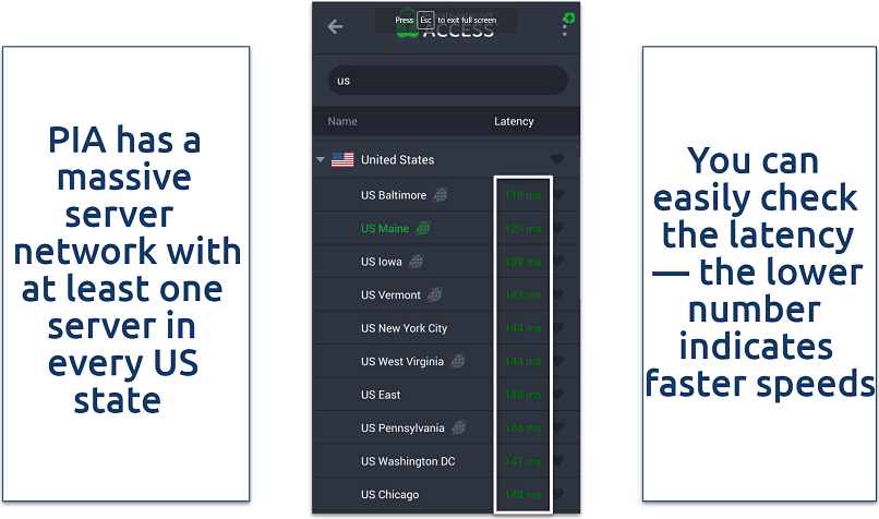 Screenshot of PIA’s US server list