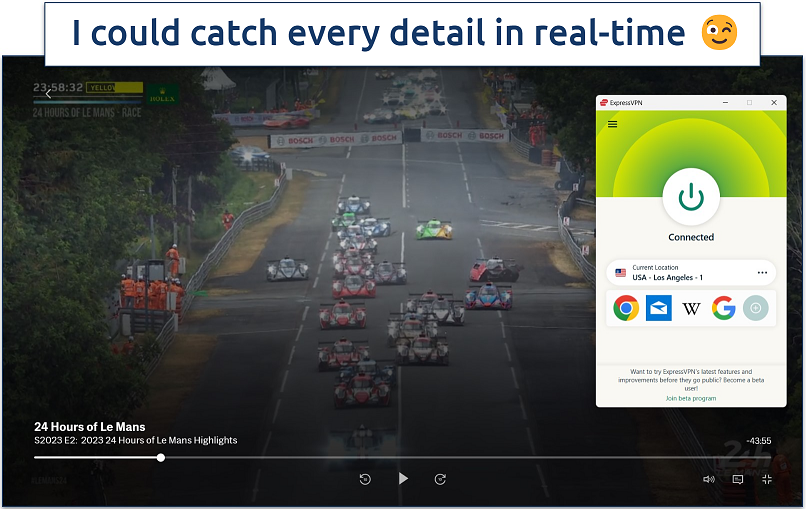 A screenshot of streaming Le Mans in HD quality on Max while connected to ExpressVPN’s Los Angeles server.