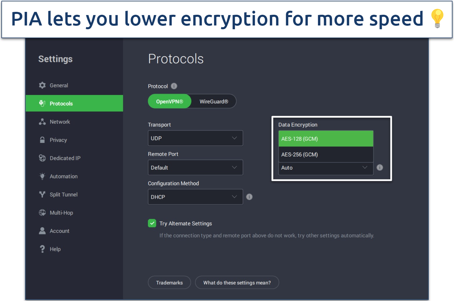 A screenshot of the PIA Windows app dashboard with its protocol settings page and the option to change the level of OpenVPN encryption highlighted.