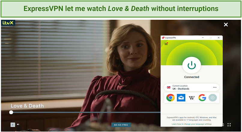 A screenshot of Love & Death playing on ITVX with ExpressVPN connected