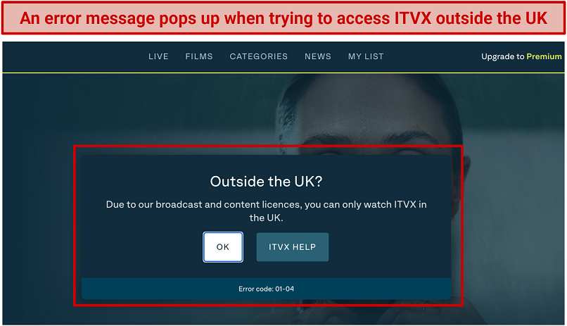 A screenshot of the ITVX error message