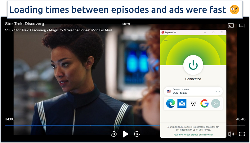 A screenshot of streaming Star Trek: Discovery in HD quality on Paramount+ while connected to ExpressVPN’s Miami server.
