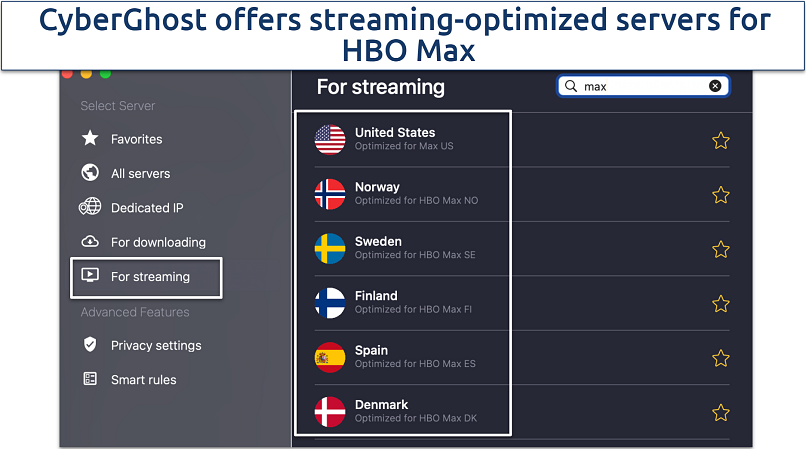 A screenshot of CyberGhost’s optimized servers for streaming HBO max