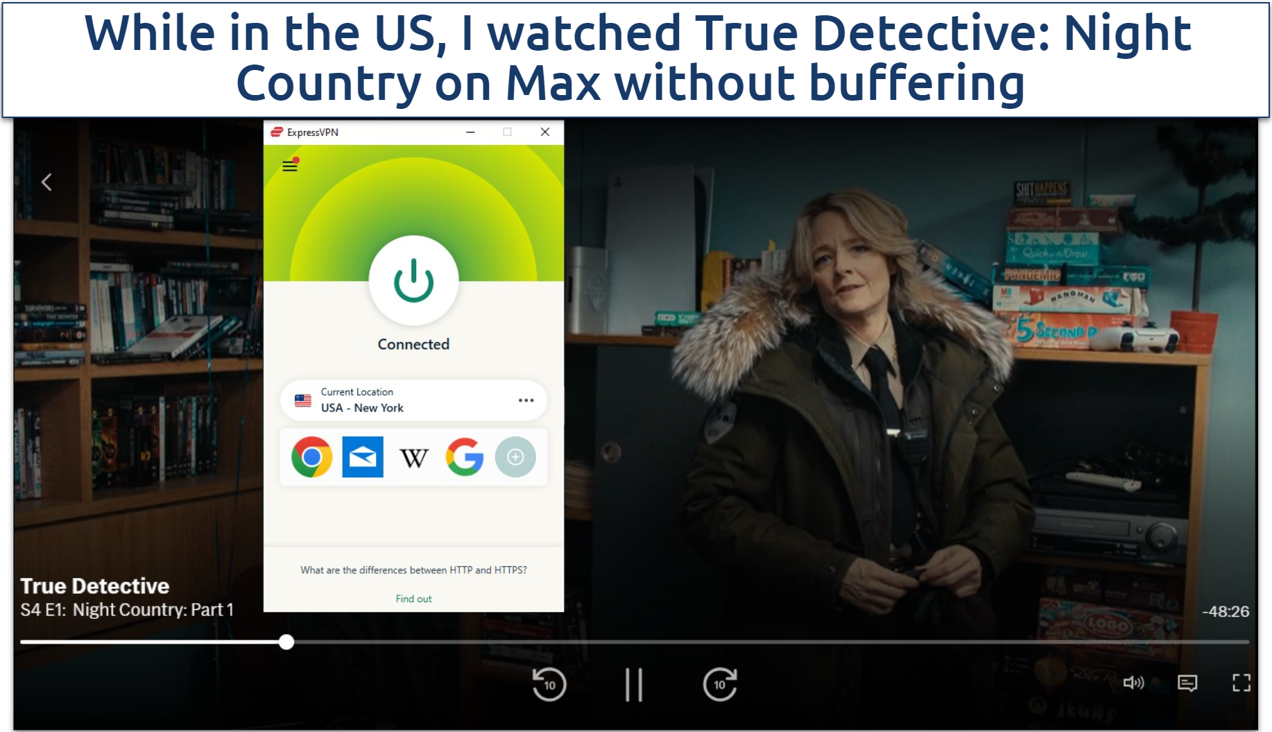 Screenshot of True Detective: Night Country streaming on Max with ExpressVPN connected