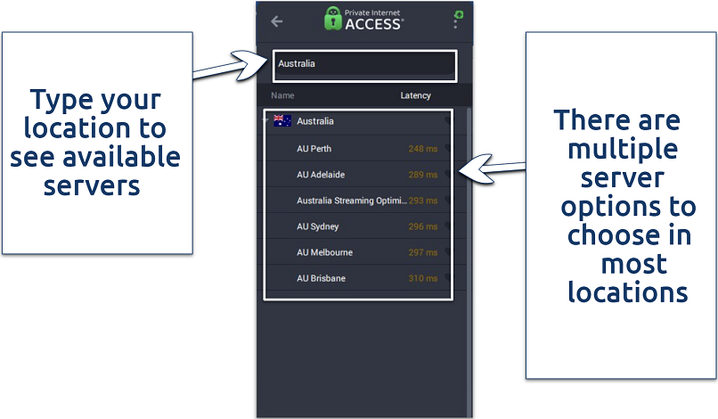 A screenshot of PIA’s Australia server locations