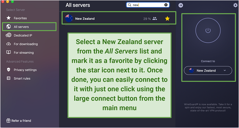 A screenshot of the CyberGhost menu showing a New Zealand server