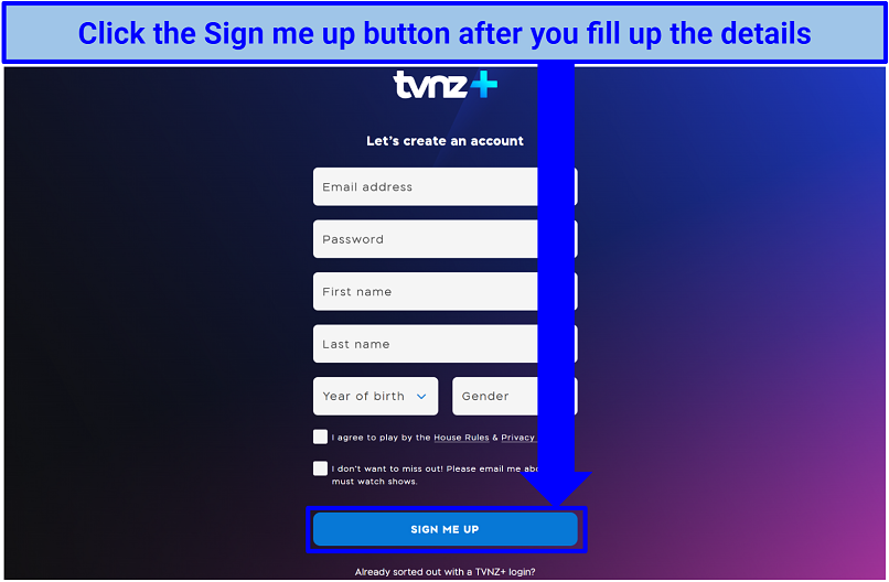 Screenshot of TVNZ+ sign up page