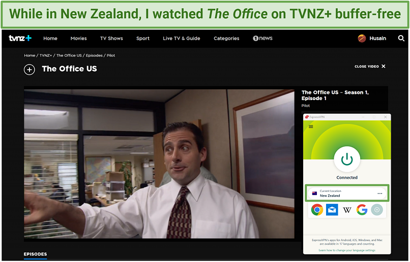 Screenshot of The Office streaming on TVNZ+ with ExpressVPN connected