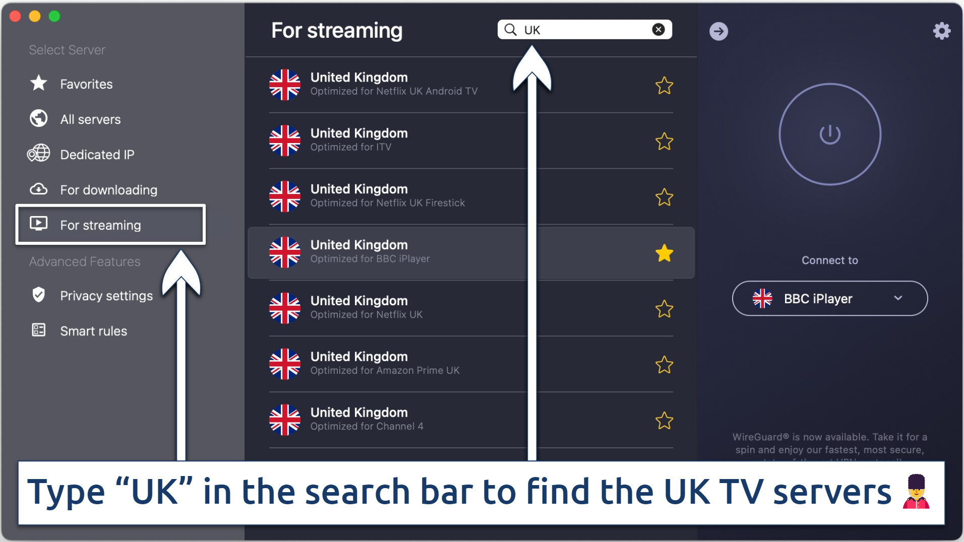 Screenshot of the specialty UK TV servers on CyberGhost's app