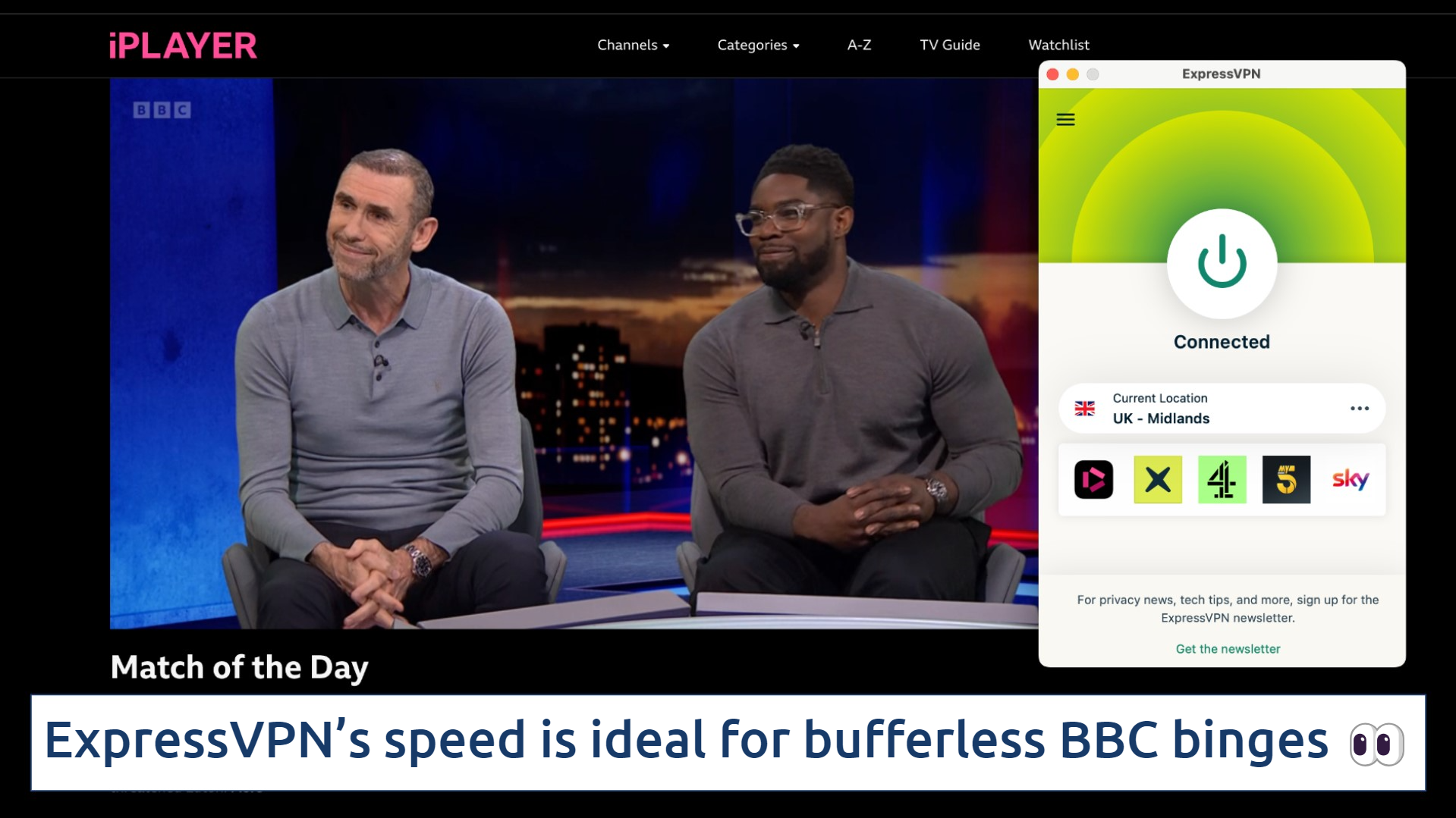 Screenshot of the ExpressVPN app over the iPlayer streaming Match of the Day