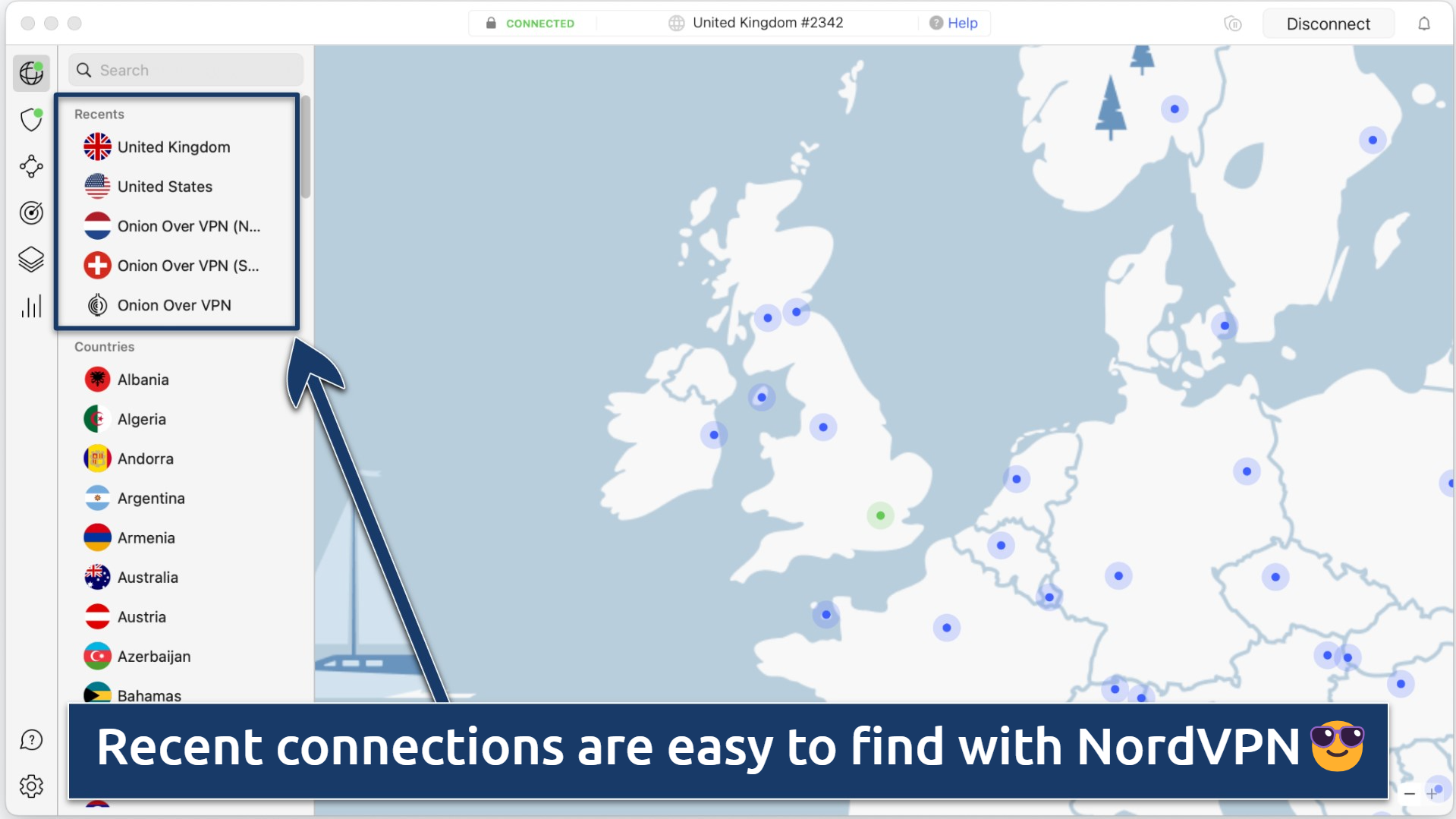 Screenshot of the recent connections on the NordVPN server list