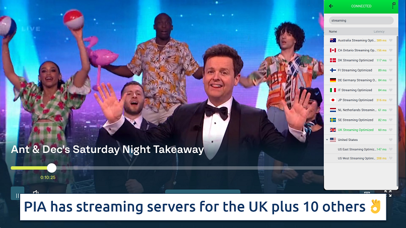 Screenshot of the PIA app over ITVX streaming on a browser