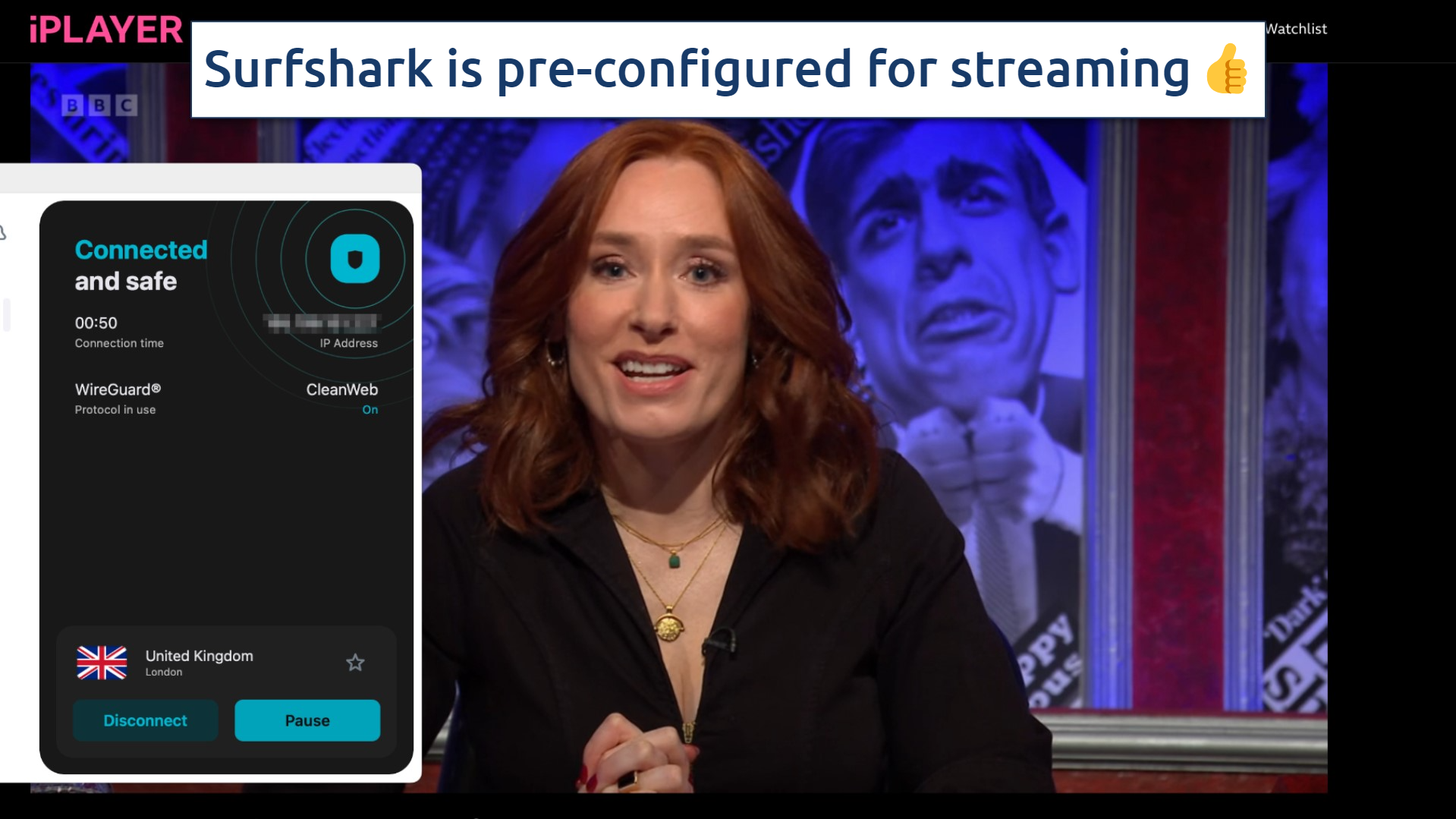 Screenshot of the Surfshark app over the BBC iPlayer streaming on a web browser