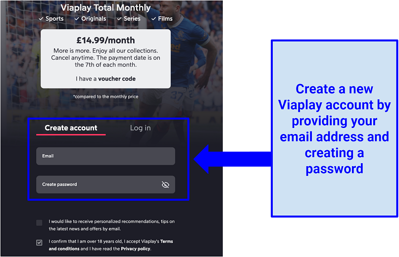 Screenshot of Viaplay account creation page