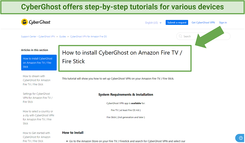 Screenshot of CyberGhost's support page
