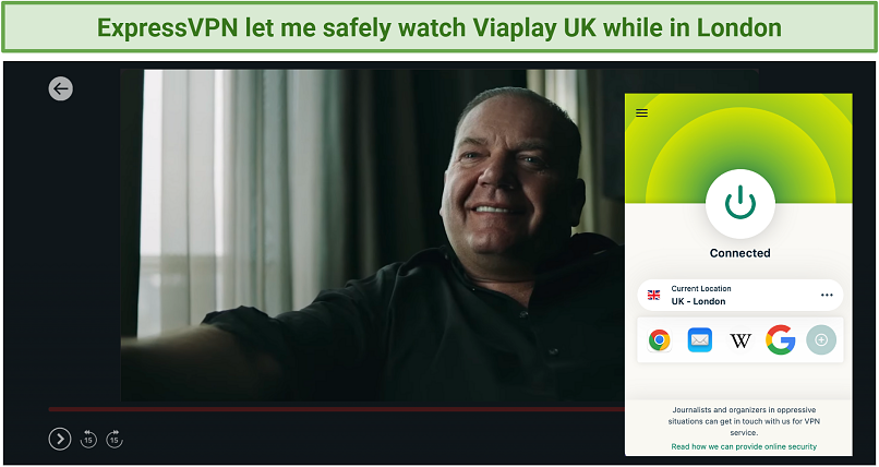 A screenshot of The Viking streaming on Viaplay UK with ExpressVPN connected