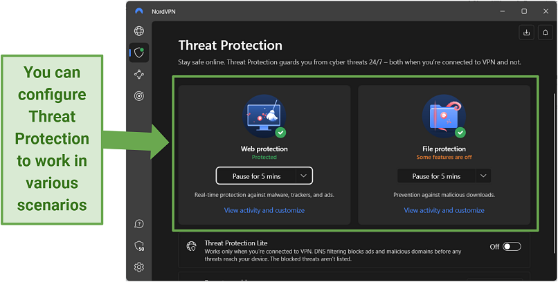 Screenshot of NordVPN's Threat Protection options.