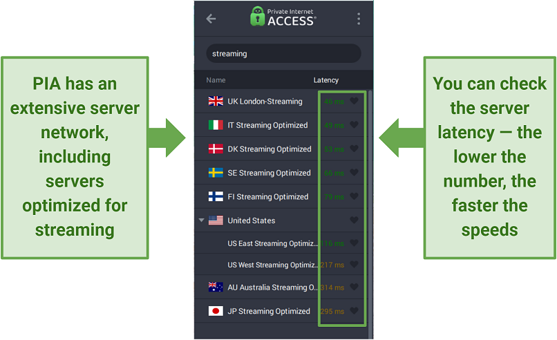 Screenshot of PIA's user interface showing streaming-optimized servers