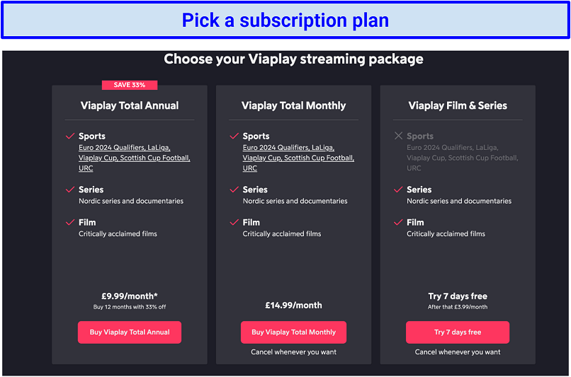 Screenshot of Viaplay's subscription page.