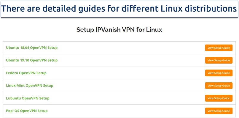 Screenshot of IPVanish’s website page with guides for Linux setup