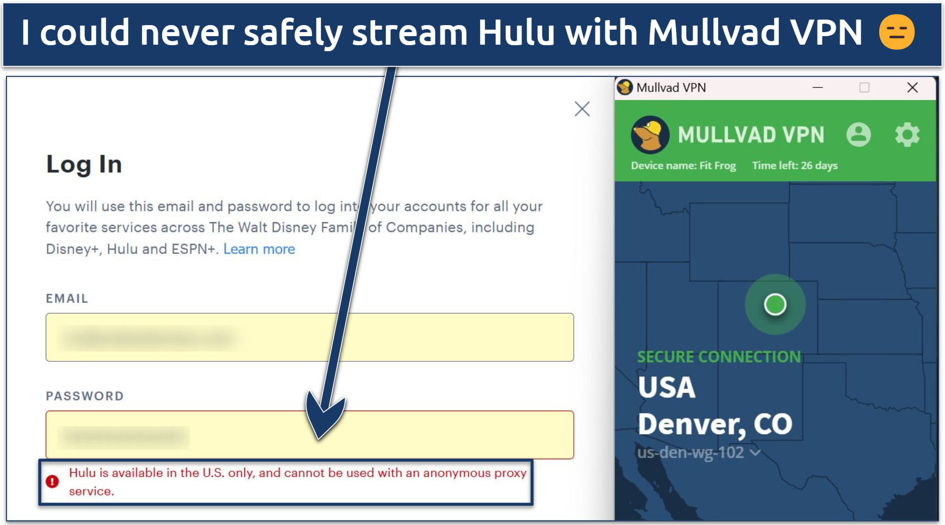 Screenshot of Hulu blocking a login attempt while connected to a Denver Mullvad server