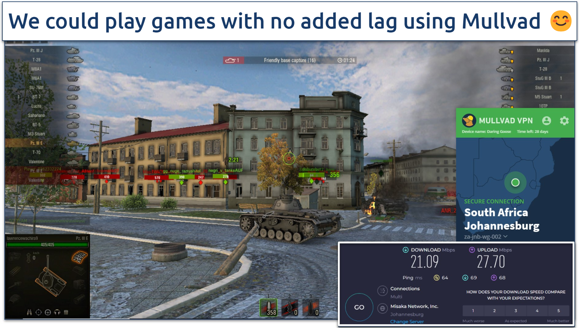 Screenshot of World of Tanks being played while connected to Mullvad's Johannesburg South Africa server