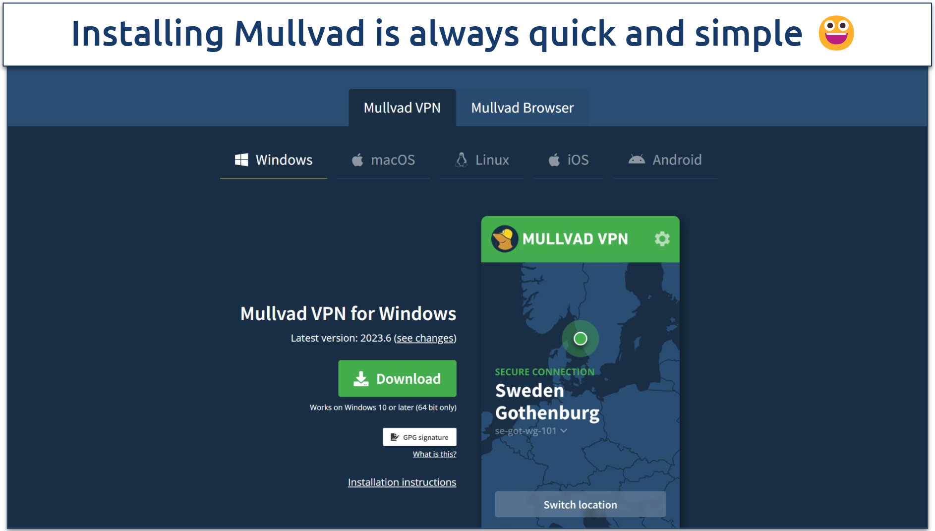 Screenshot of the Mullvad websites' download page highlighting where to get in the install file for Windows