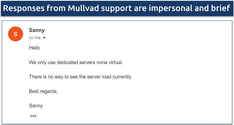 Screenshot of email response from Mullvad support about dedicated servers, virtual servers, and server load percentages 
