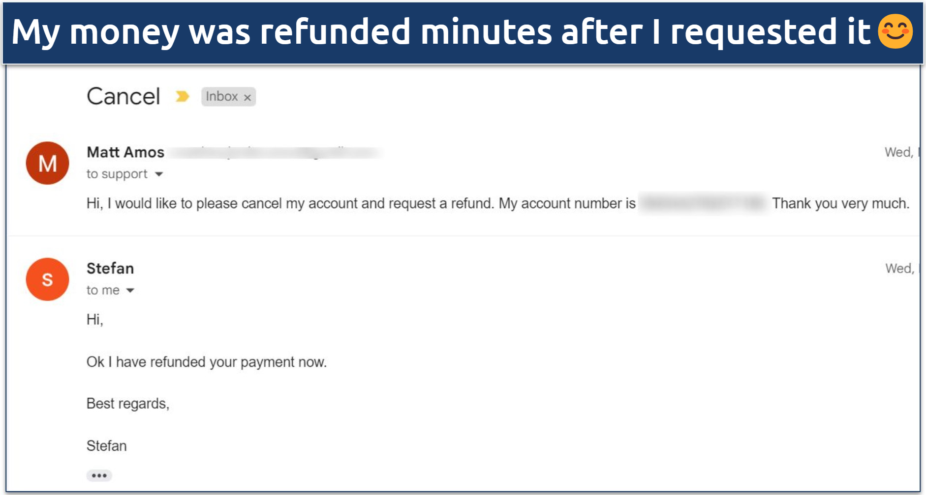 Screenshot of an email from Mullvad's support staff approving my cancellation and refund