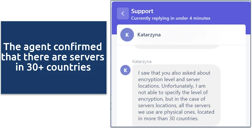 Screenshot of customer support chat response 