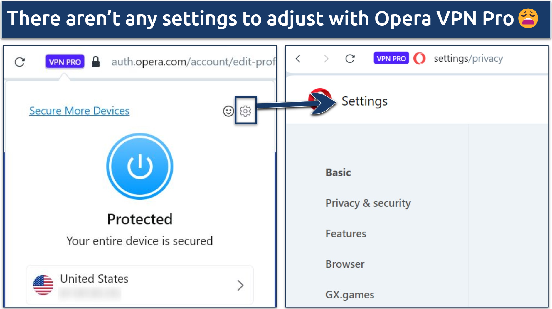Screenshot of the Opera VPN Pro UI on Windows highlighting the 